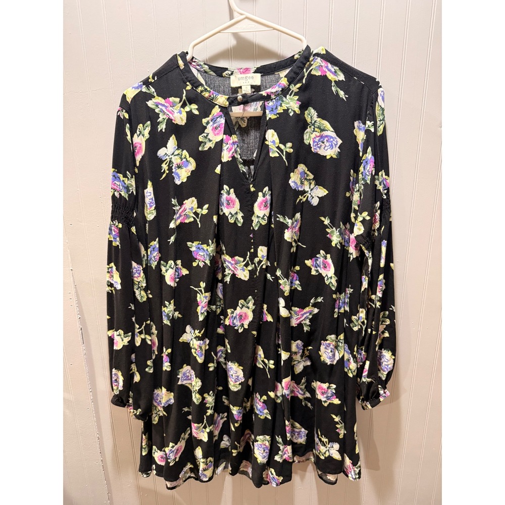 Umgee USA Floral Long Sleeve Tunic Top Mini‎ Dress Black Pink Purple Small